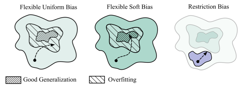 Soft inductive bias for simpler solutions combined with a flexible model that can fit many forms of the data yields optimal as well as generalizable models.